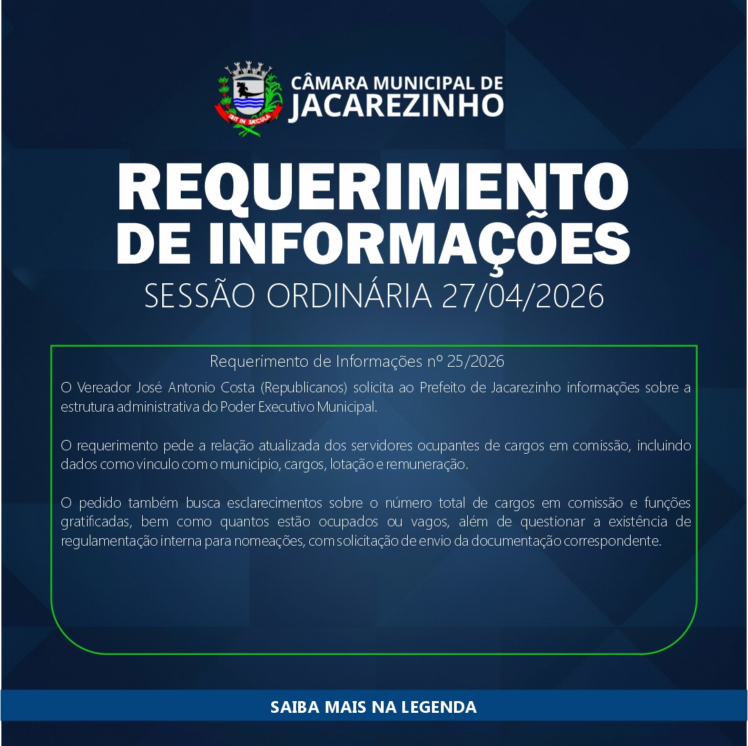 O Vereador José Antonio Costa (Republicanos) apresentou requerimento solicitando ao Executivo Municipal informações detalhadas sobre a estrutura administrativa da Prefeitura de Jacarezinho.