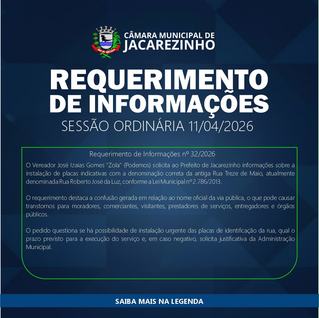 O Vereador Zola (Podemos) apresentou requerimento solicitando a instalação de placas indicativas com a denominação correta da antiga Rua Treze de Maio