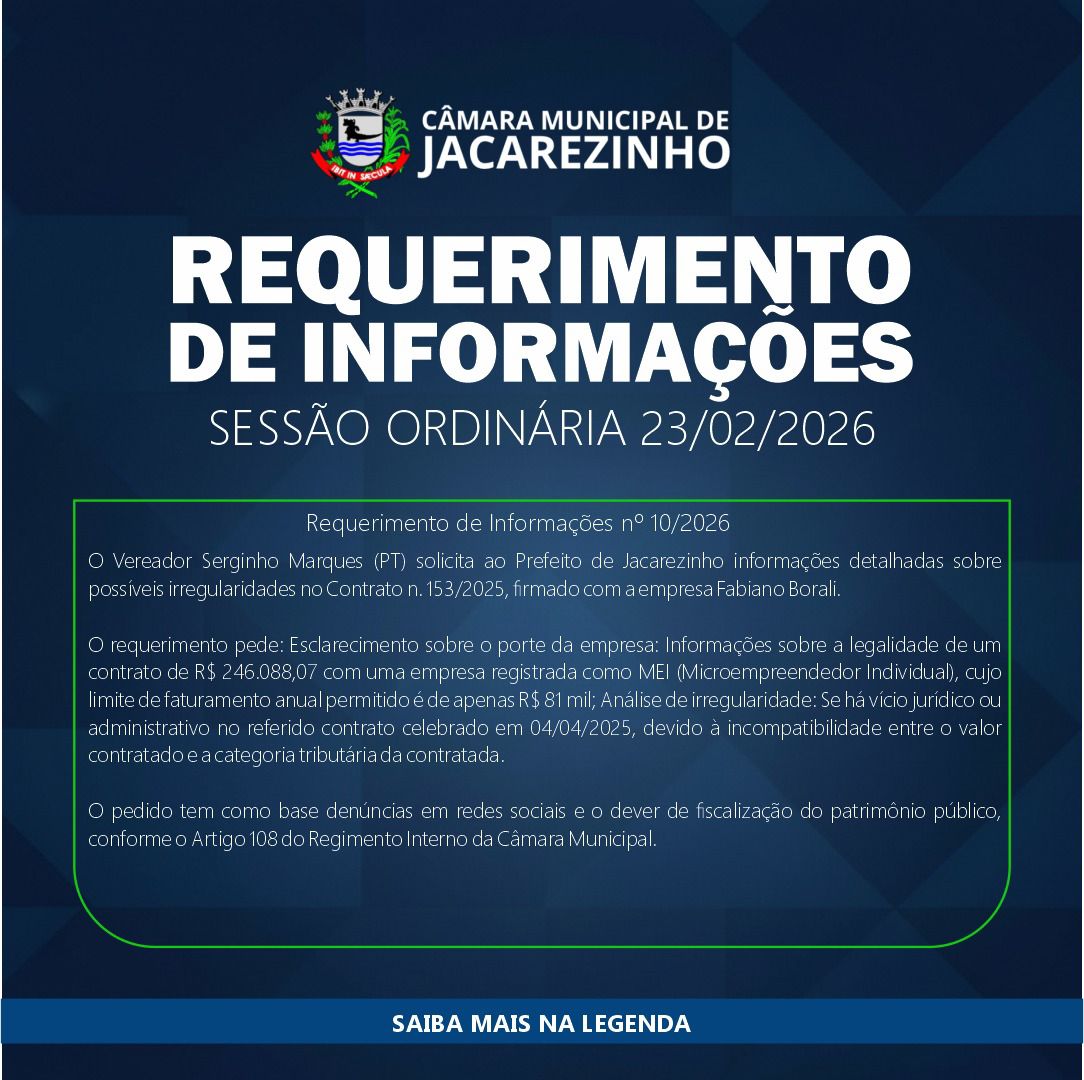 Vereadores suspeitam de irregularidade em contrato com MEI em Jacarezinho